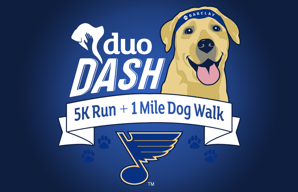 2024 Duo Dash Logo with Duo Ambassador Dog Barclay