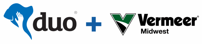 Duo Dogs logo, a blue plus sign and the Vermeer Midwest logo